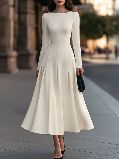 Long Sleeve Bateau Neck Pleated Midi A-Line Dress