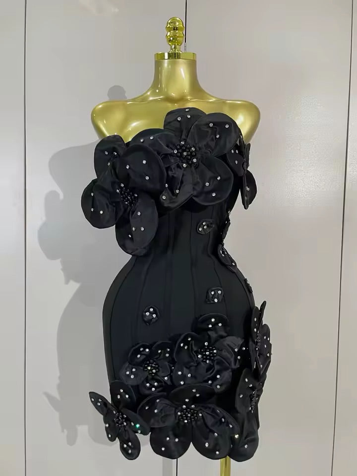 Strapless 3D Floral Applique Bodycon Mini Dress