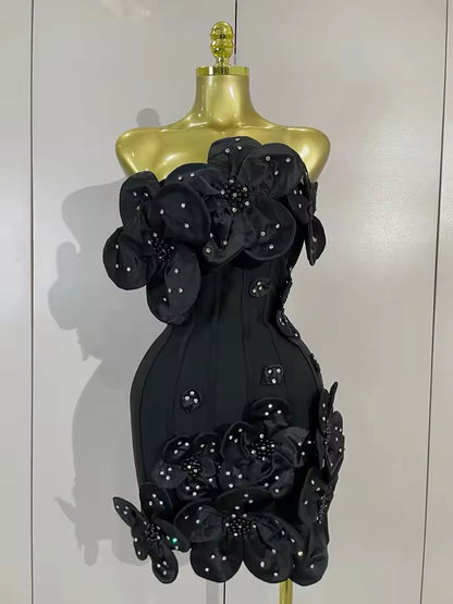 Strapless 3D Floral Applique Bodycon Mini Dress