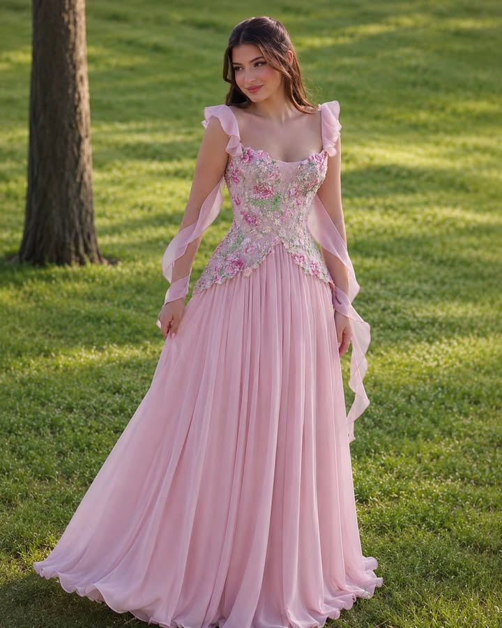 Floral Embroidered Chiffon A-Line Gown