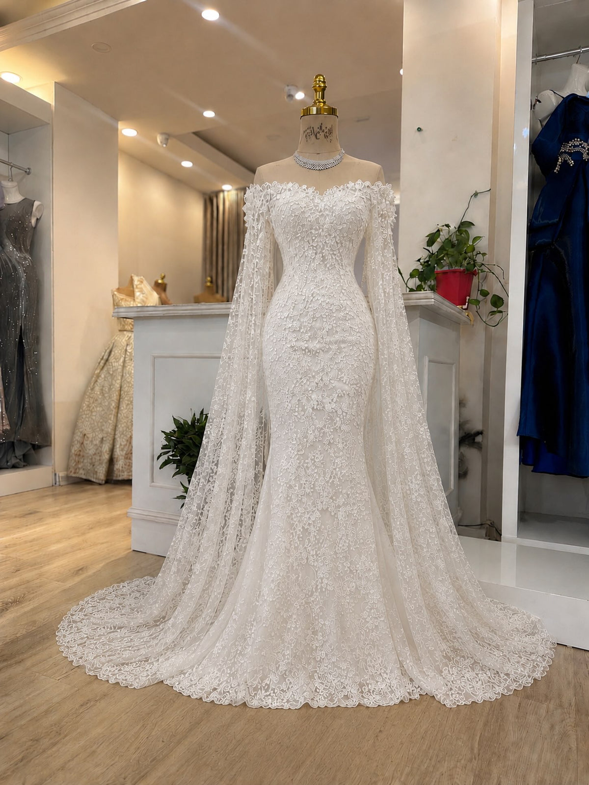 Lace Mermaid Wedding Dress with Cape Sleeves