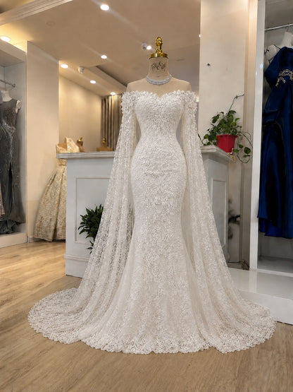 Lace Mermaid Wedding Dress with Cape Sleeves