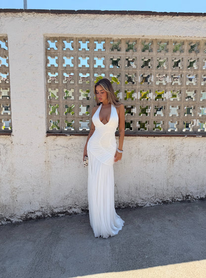 Deep V Halter Ruched Drop-Waist Maxi Dress