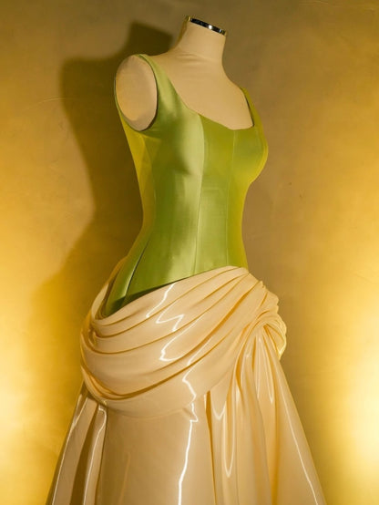 Satin Corset Gown with Draped Bubble Skirt