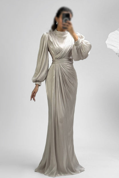 Elegant High-Neck Draped Evening Gown with Balloon Sleeves