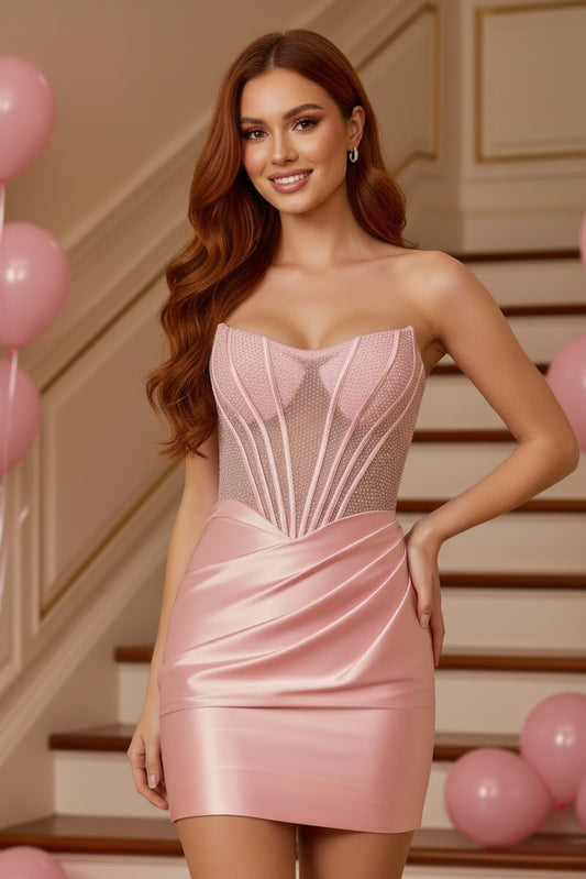 Strapless Beaded Corset Satin Bodycon Mini Dress