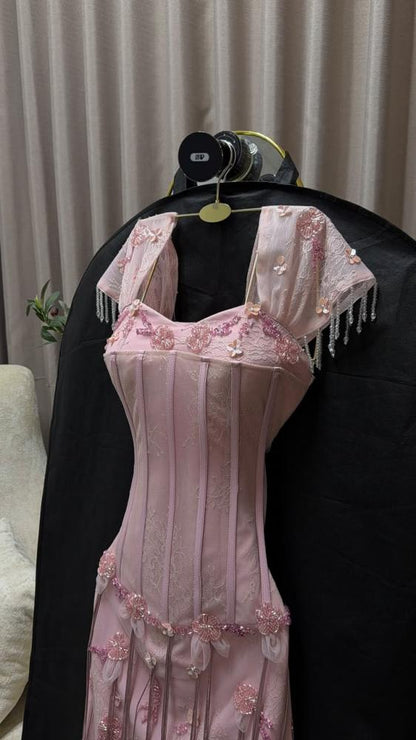 Corset Bodice Fringe Maxi Evening Dress