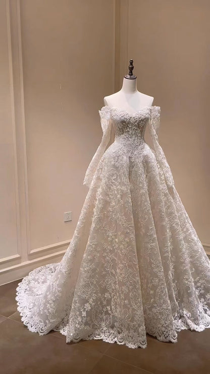 Off-the-Shoulder Lace Long Sleeve Ball Gown Wedding Dress