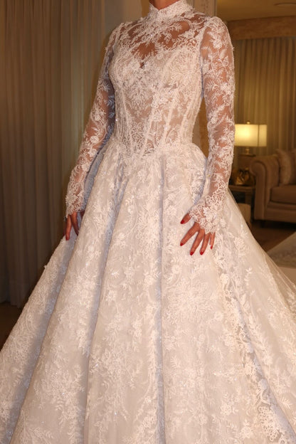 High Neck Lace Ball Gown Wedding Dress