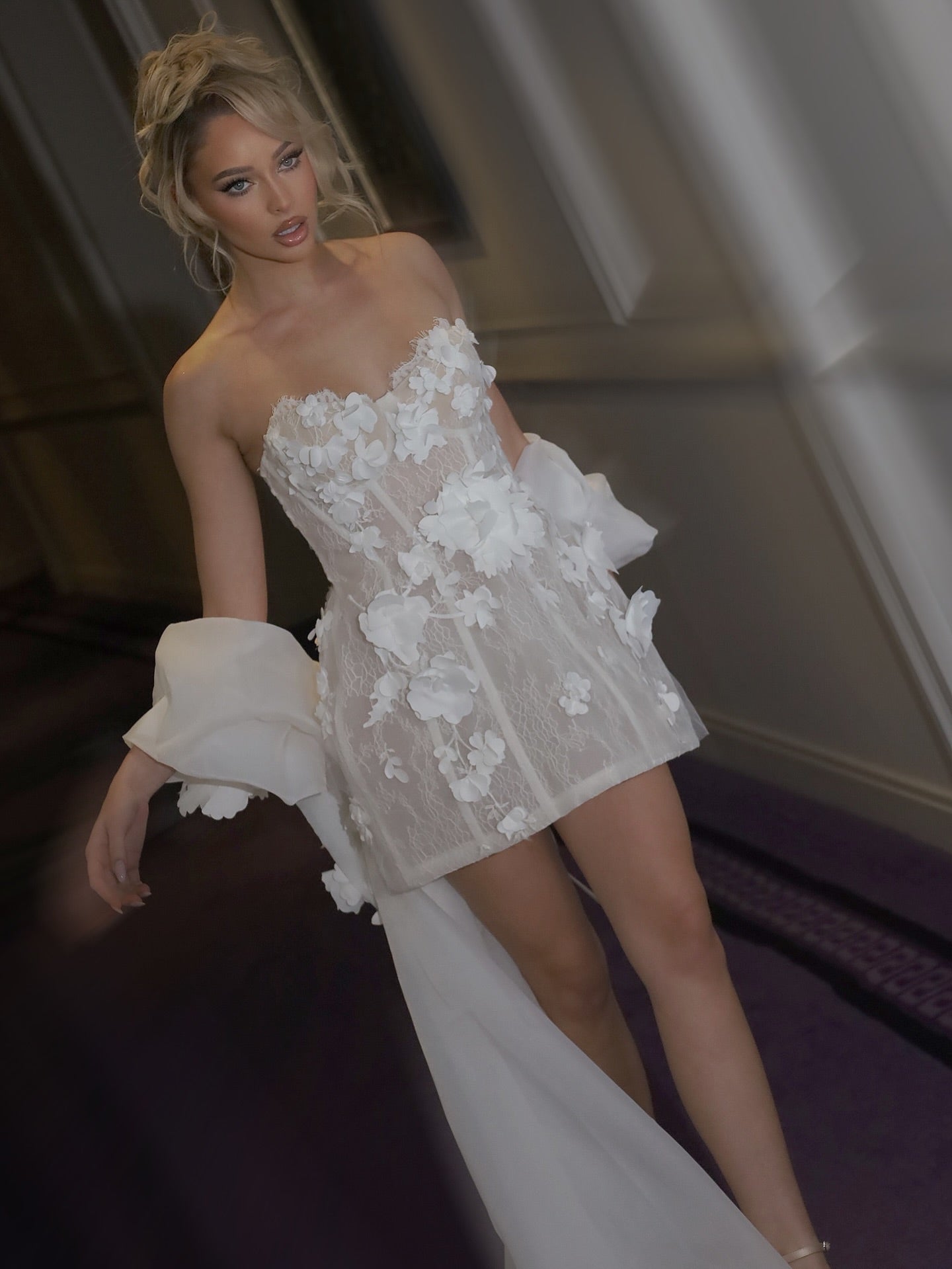 Sweetheart 3D Flower Corset Mini Dress with Train