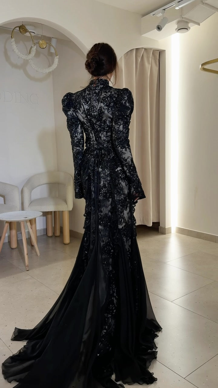 High-Neck Lace Mermaid Gown with Puff Sleeves