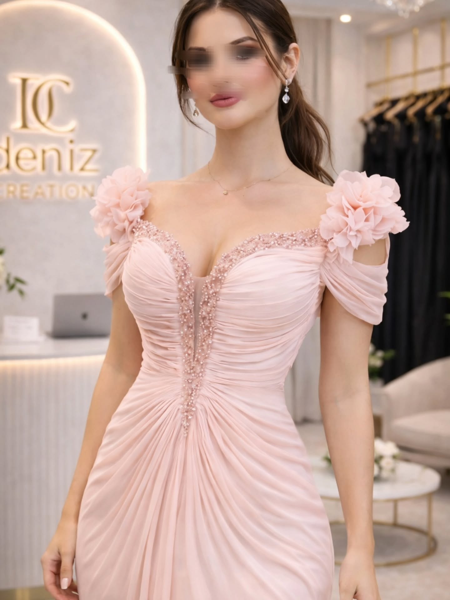 Off-Shoulder Ruched Evening Gown with Slit