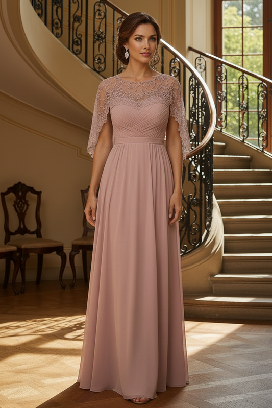 A-Line Chiffon Mother of the Bride Dress with Lace Cape