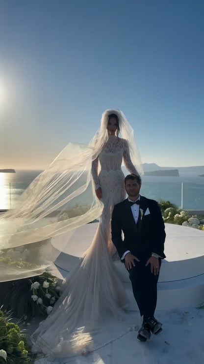 Lace Mermaid Wedding Dress with Long Sleeves & Train