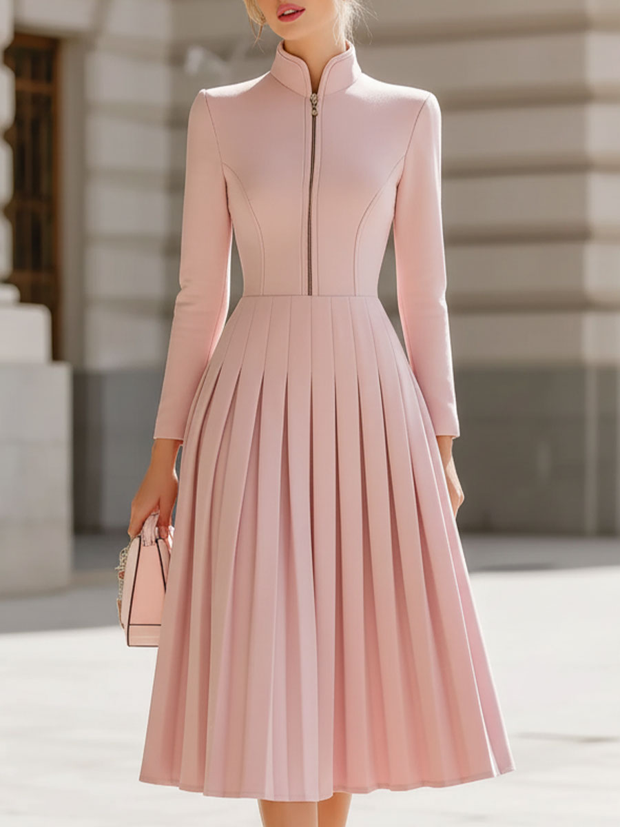 High Neck Pleated Midi Dress with Long Sleeves