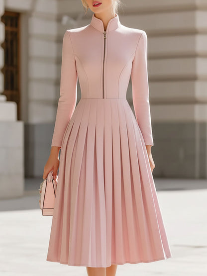 High Neck Pleated Midi Dress with Long Sleeves