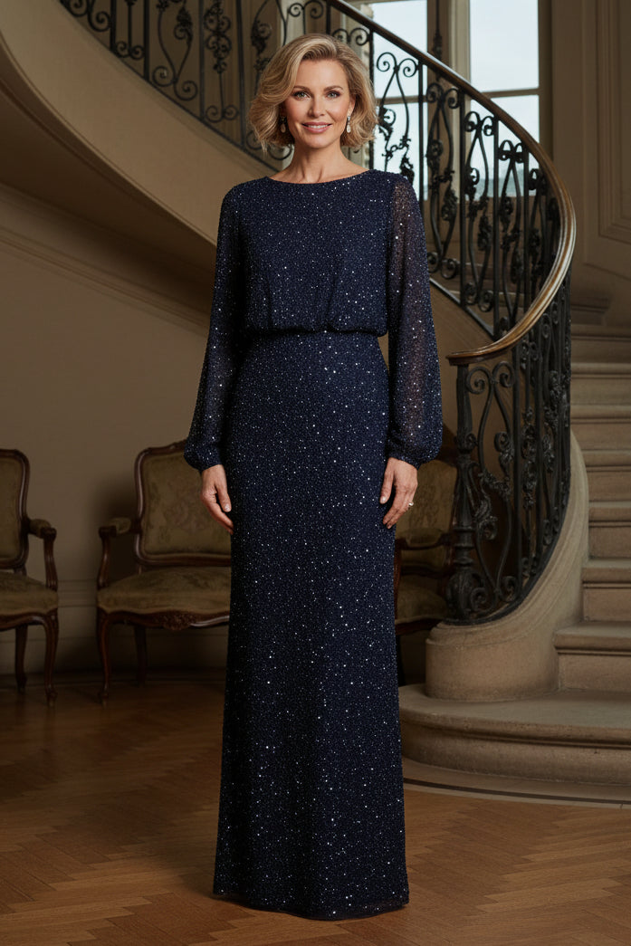 Sequin Long Sleeve Blouson Evening Gown