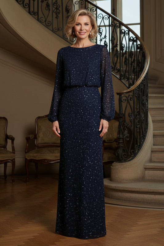 Sequin Long Sleeve Blouson Evening Gown