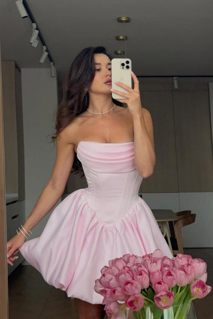 Strapless Satin Corset Bubble Skirt Mini Dress