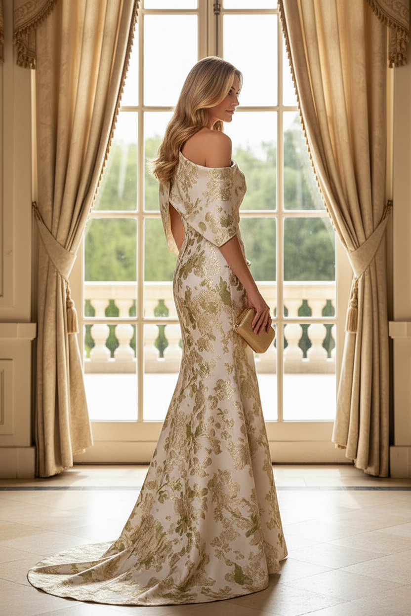 One-Shoulder Metallic Jacquard Gown with Cape Drape