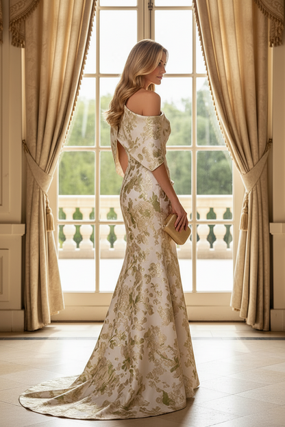 One-Shoulder Metallic Jacquard Gown with Cape Drape