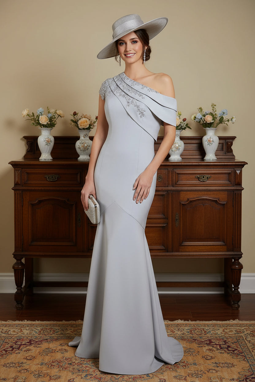 Silver Gray One-Shoulder Mermaid Gown with Beaded Lace Appliqués | Mother of the Bride Dress