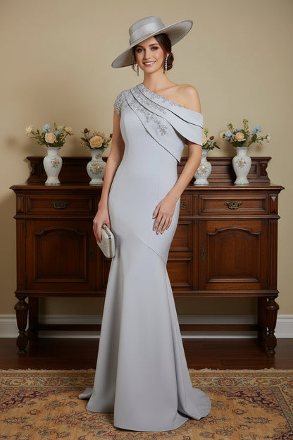Silver Gray One-Shoulder Mermaid Gown with Beaded Lace Appliqués | Mother of the Bride Dress