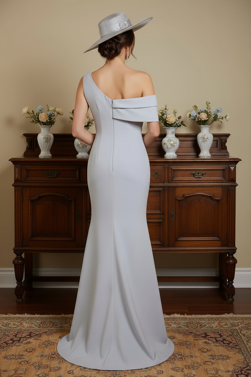 Silver Gray One-Shoulder Mermaid Gown with Beaded Lace Appliqués | Mother of the Bride Dress