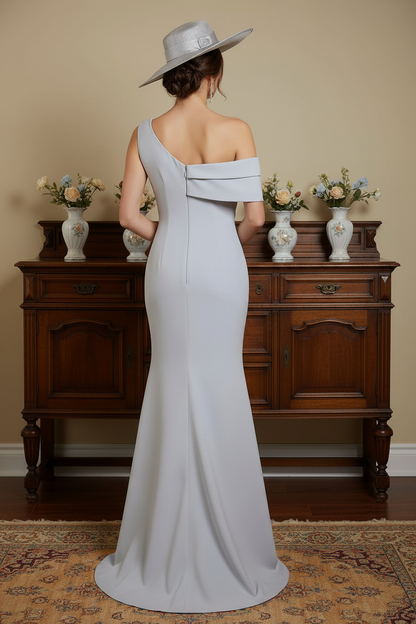 Silver Gray One-Shoulder Mermaid Gown with Beaded Lace Appliqués | Mother of the Bride Dress