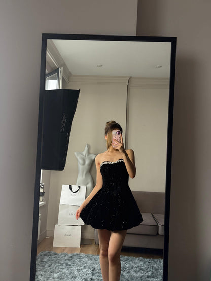 Strapless Crystal-Trim Velvet Sequin Bubble Mini Dress
