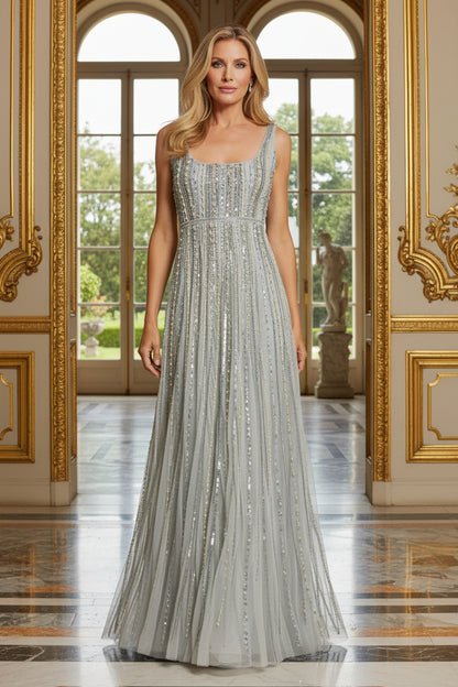 Beaded Scoop Neck Sleeveless A-Line Gown