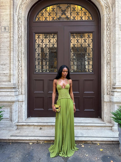 Halter Neckline Pleated Maxi Dress with Corset Bodice