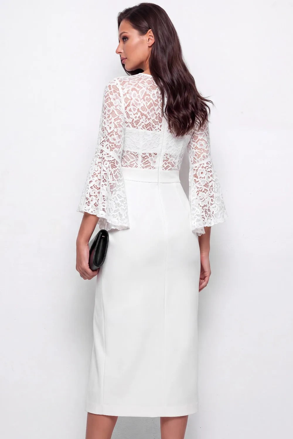 Lace Bell Sleeve Midi Sheath Dress with Slit