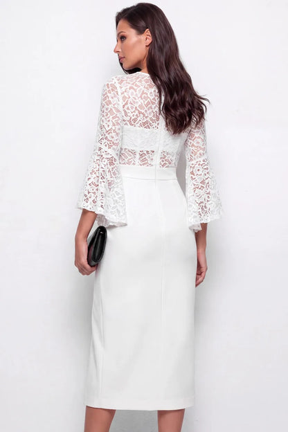 Lace Bell Sleeve Midi Sheath Dress with Slit