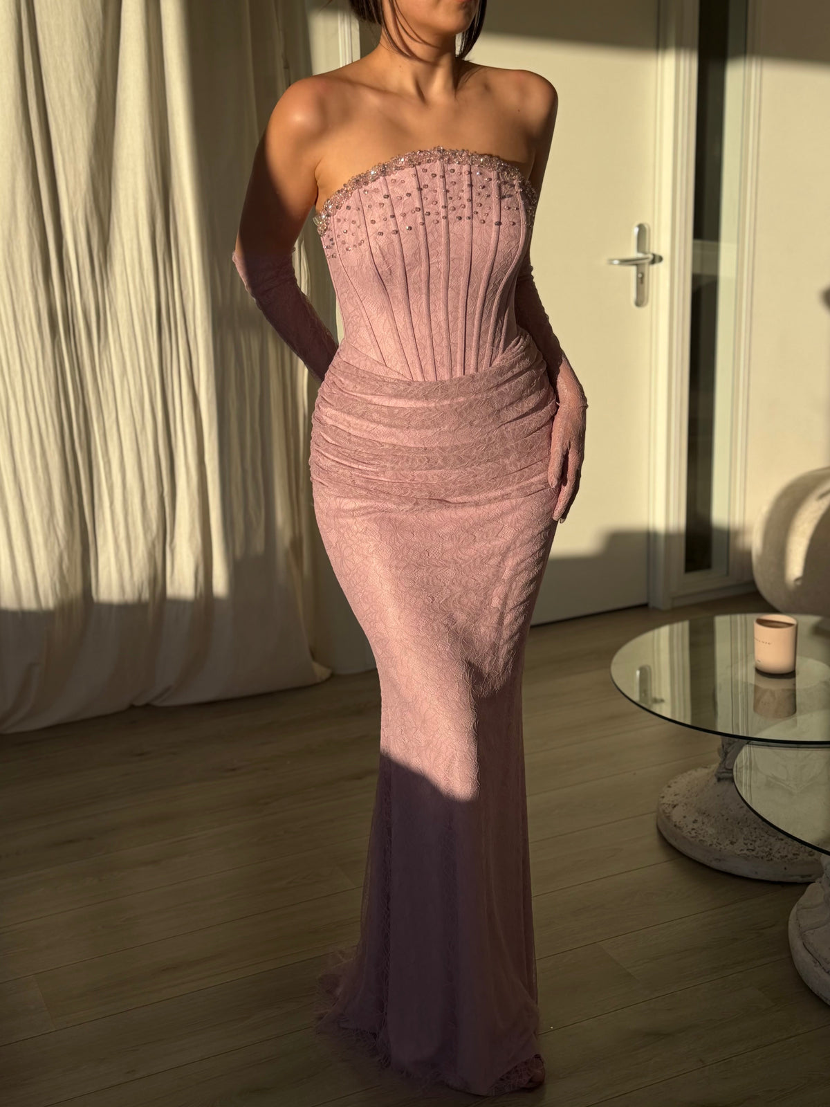 Strapless Lace Corset Evening Gown with Gloves