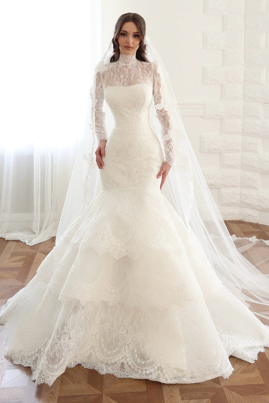 Tiered Lace High Neck Mermaid Wedding Dress