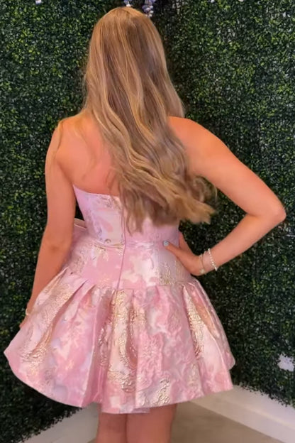 Strapless Floral Jacquard Bow Fit and Flare Dress