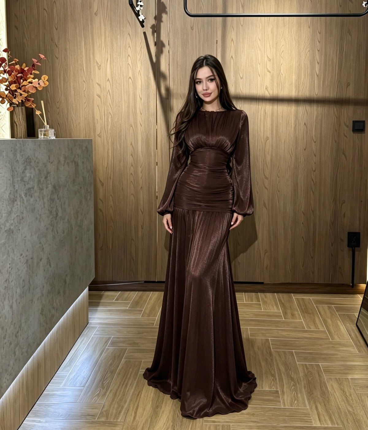 Ruched Metallic Maxi Dress with Bell Sleeves