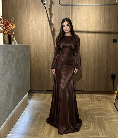 Ruched Metallic Maxi Dress with Bell Sleeves