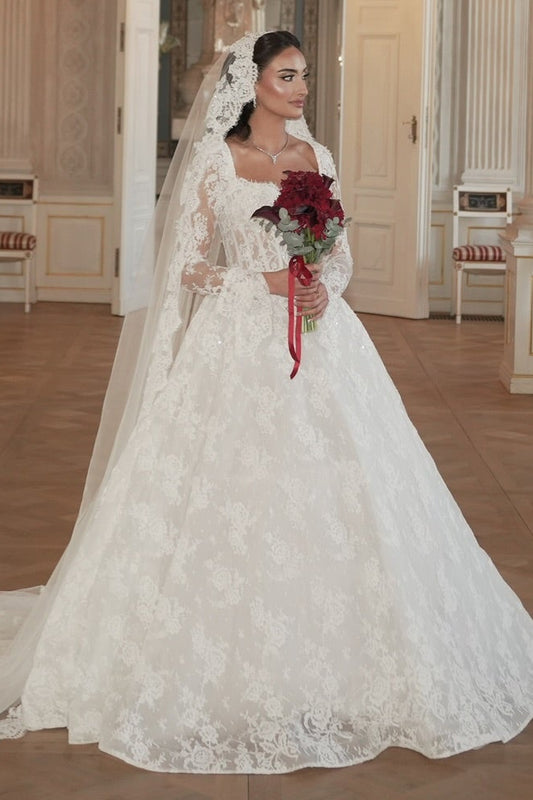 Long Sleeve Lace Ball Gown with Cathedral Train