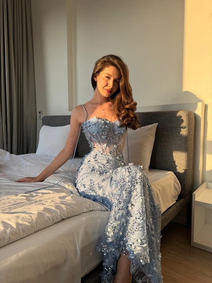 Floral Applique Corset Mermaid Evening Gown