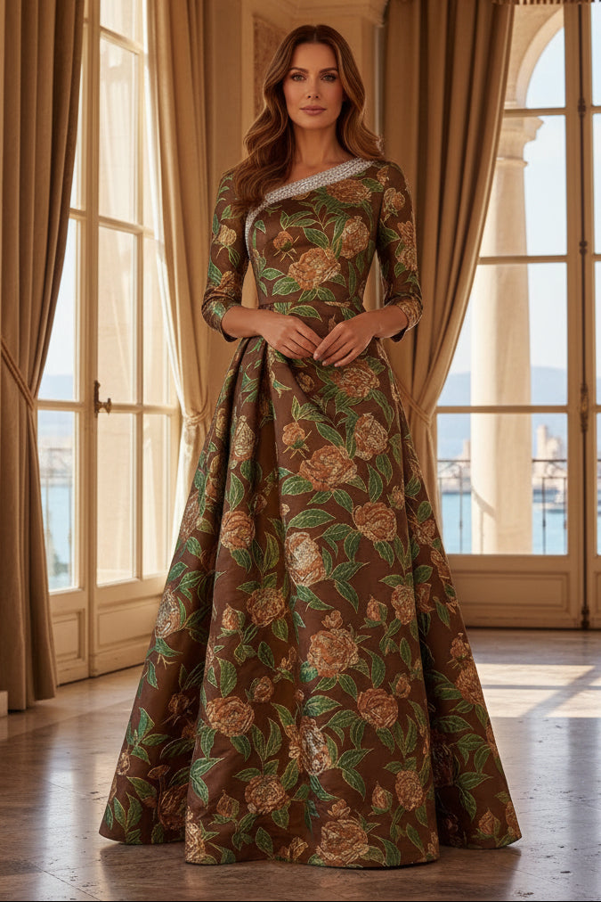 Floral Jacquard A-Line Gown with Beaded Asymmetric Neckline