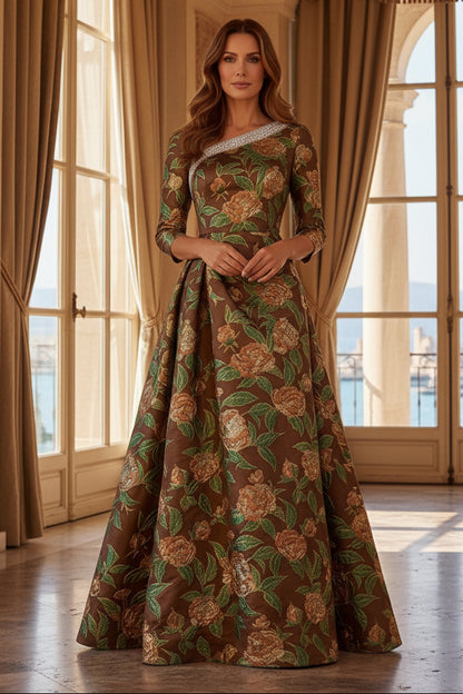 Floral Jacquard A-Line Gown with Beaded Asymmetric Neckline