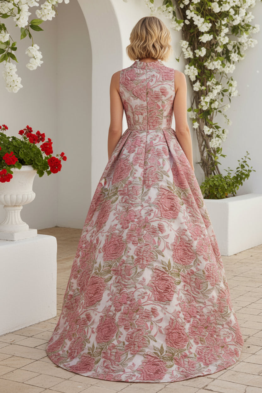 Floral Jacquard High-Neck A-Line Evening Gown