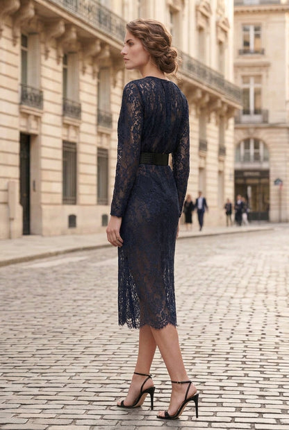 Long Sleeve Button-Front Lace Midi Dress