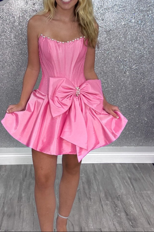 Strapless Corset Mini Dress with Pearl Trim and Bow