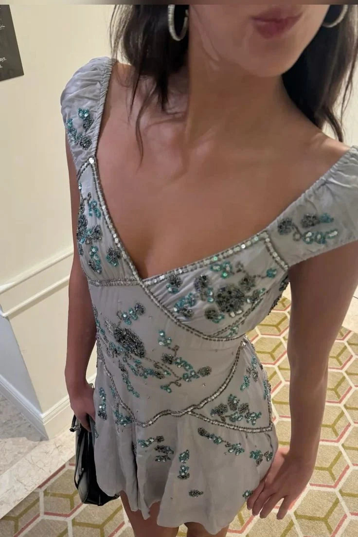 Beaded V-Neck Mini Dress with Cap Sleeves