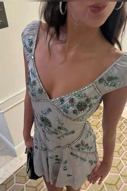 Beaded V-Neck Mini Dress with Cap Sleeves
