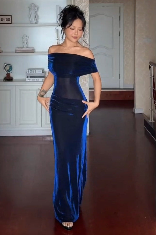 Off-the-Shoulder Velvet Sheath Maxi Dress