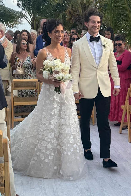 3D Floral Applique V-Neck A-Line Wedding Dress